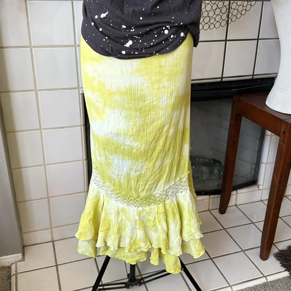 lime green tie dye style Womens Hi Lo Maxi skirt Ruffle Hem drawstring Boho Med - Picture 6 of 6